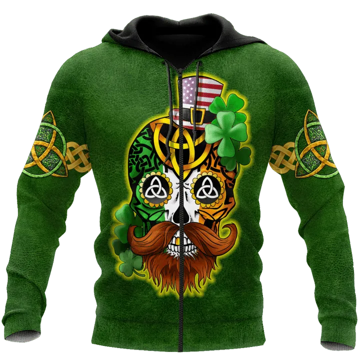 3D All Over Printed Irish American Skull St Patrick Day Unisex Shirts Hoodie