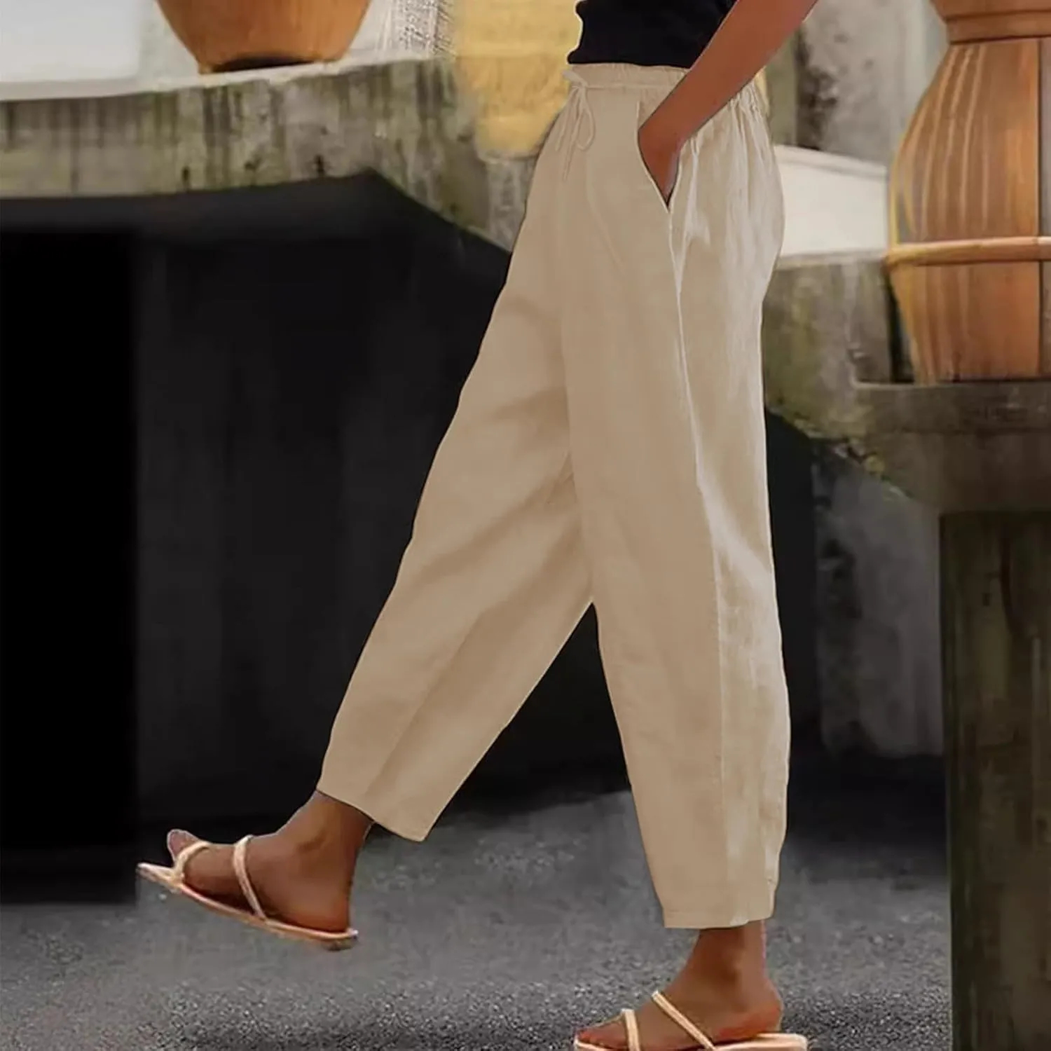 ADHOWBEW Linen Blend Pants for Women Work Cotton Petite Plus Size Stretch Casual Dressy Lounge Flowy Pants