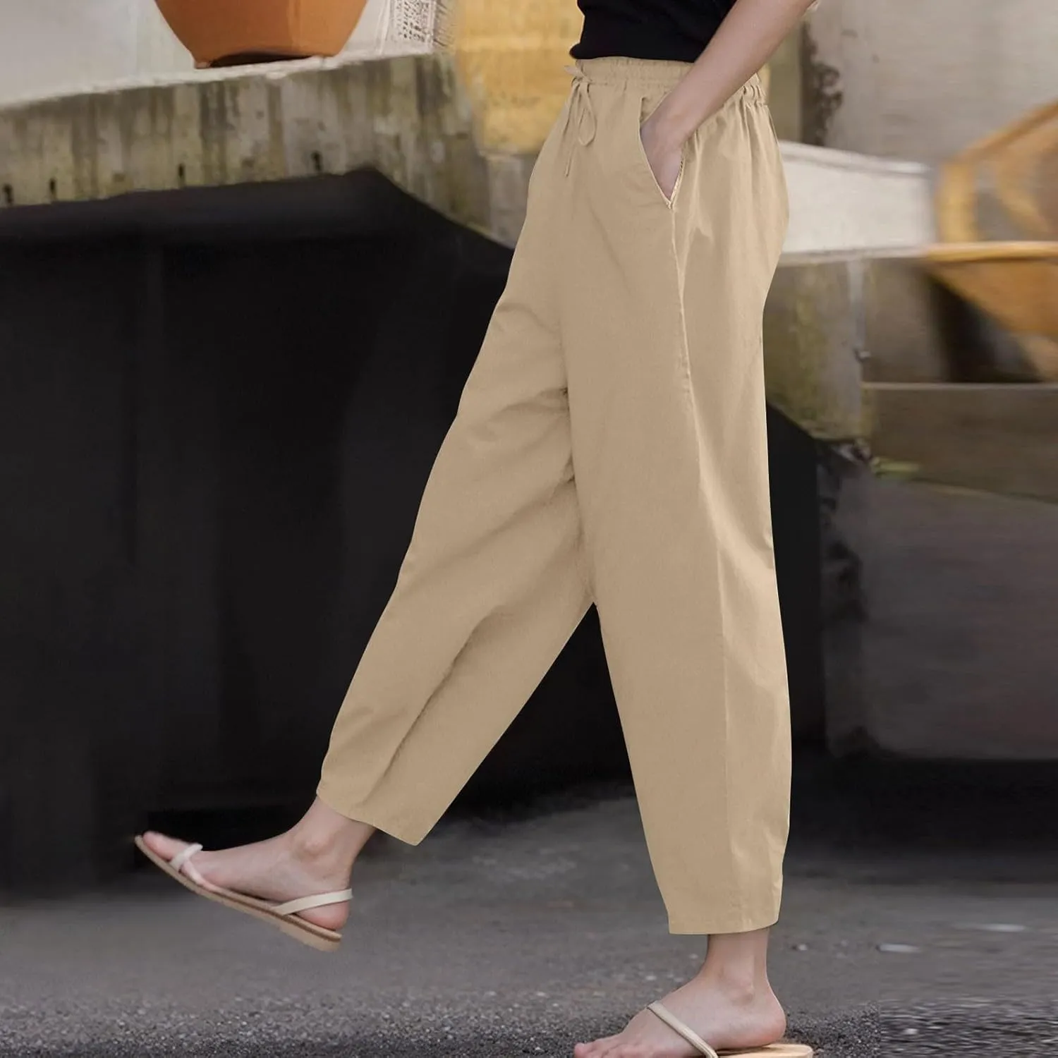 ADHOWBEW Linen Blend Pants for Women Work Cotton Petite Plus Size Stretch Casual Dressy Lounge Flowy Pants