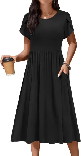 AOMONI Short Sleeve Casual Summer Dress A Line Round Neck Midi Dresses for Women Wedding Guest Dress with Pockets