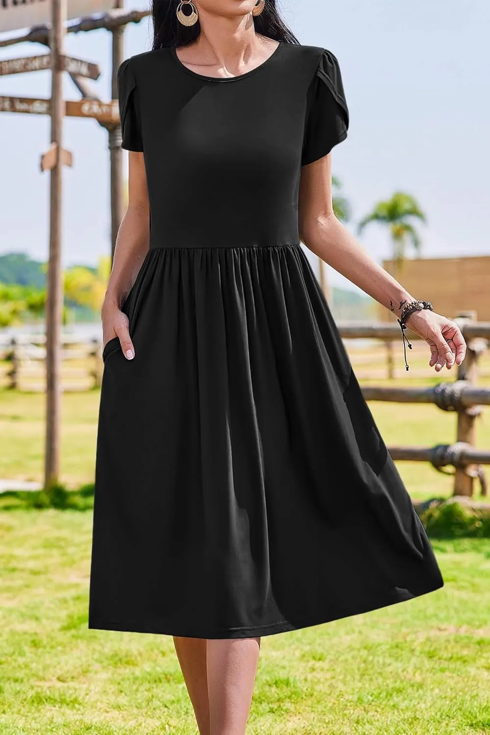 AOMONI Short Sleeve Casual Summer Dress A Line Round Neck Midi Dresses for Women Wedding Guest Dress with Pockets