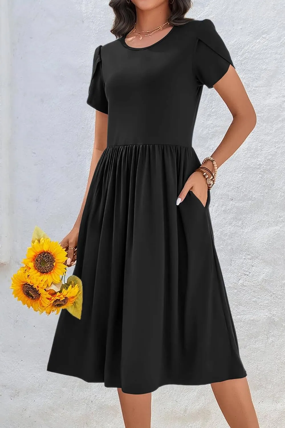 AOMONI Short Sleeve Casual Summer Dress A Line Round Neck Midi Dresses for Women Wedding Guest Dress with Pockets