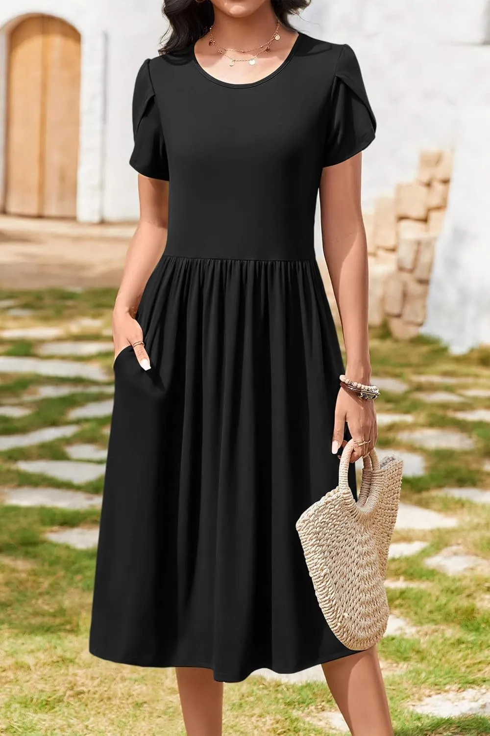 AOMONI Short Sleeve Casual Summer Dress A Line Round Neck Midi Dresses for Women Wedding Guest Dress with Pockets