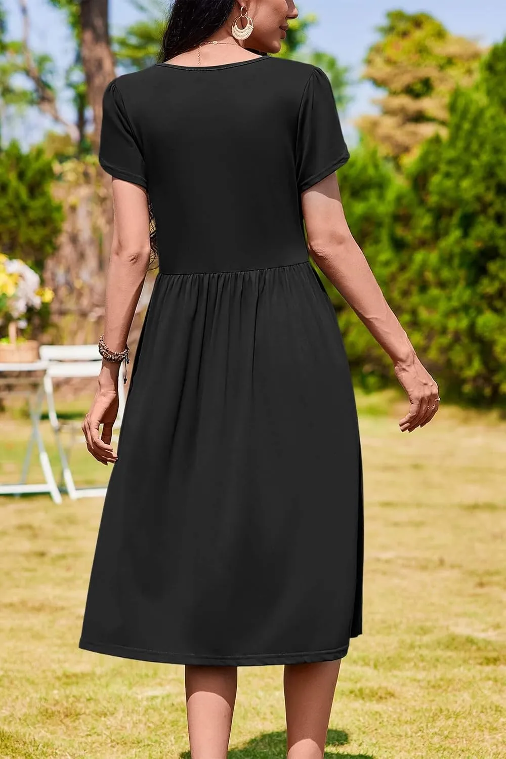 AOMONI Short Sleeve Casual Summer Dress A Line Round Neck Midi Dresses for Women Wedding Guest Dress with Pockets