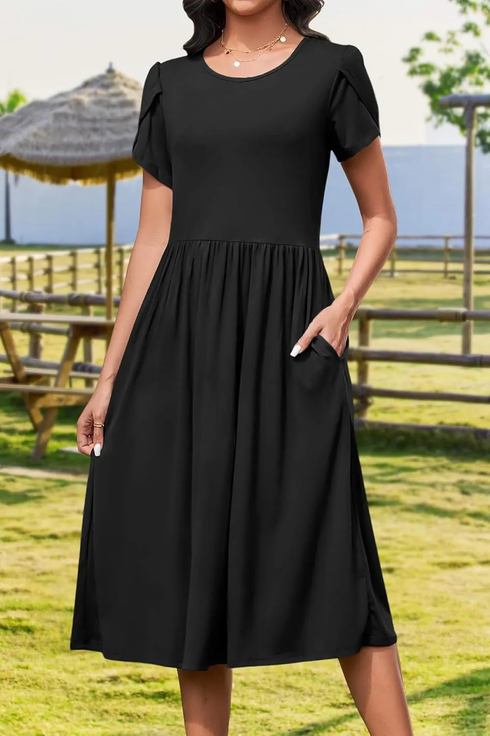AOMONI Short Sleeve Casual Summer Dress A Line Round Neck Midi Dresses for Women Wedding Guest Dress with Pockets