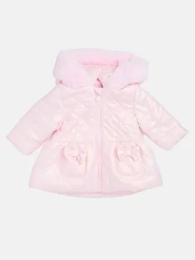 Baby Girl Melia Glossy Bow with Fur Hooded Jacket - Pink