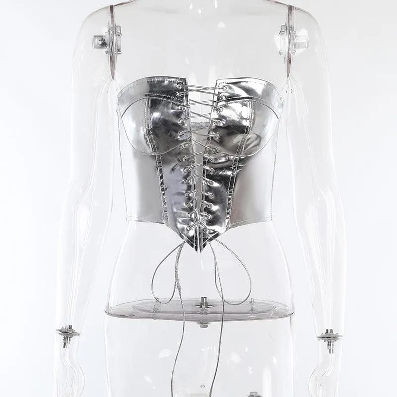 Backless corset metallic lace up self tie tube top