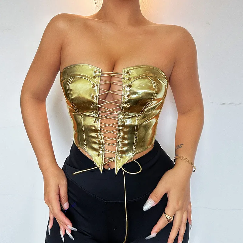 Backless corset metallic lace up self tie tube top