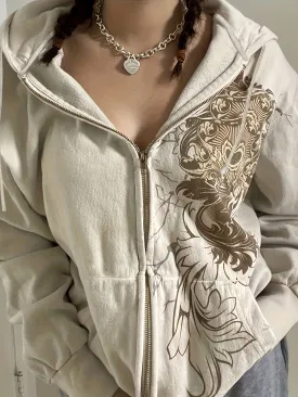 Beige and Brown Floral Zip-Up