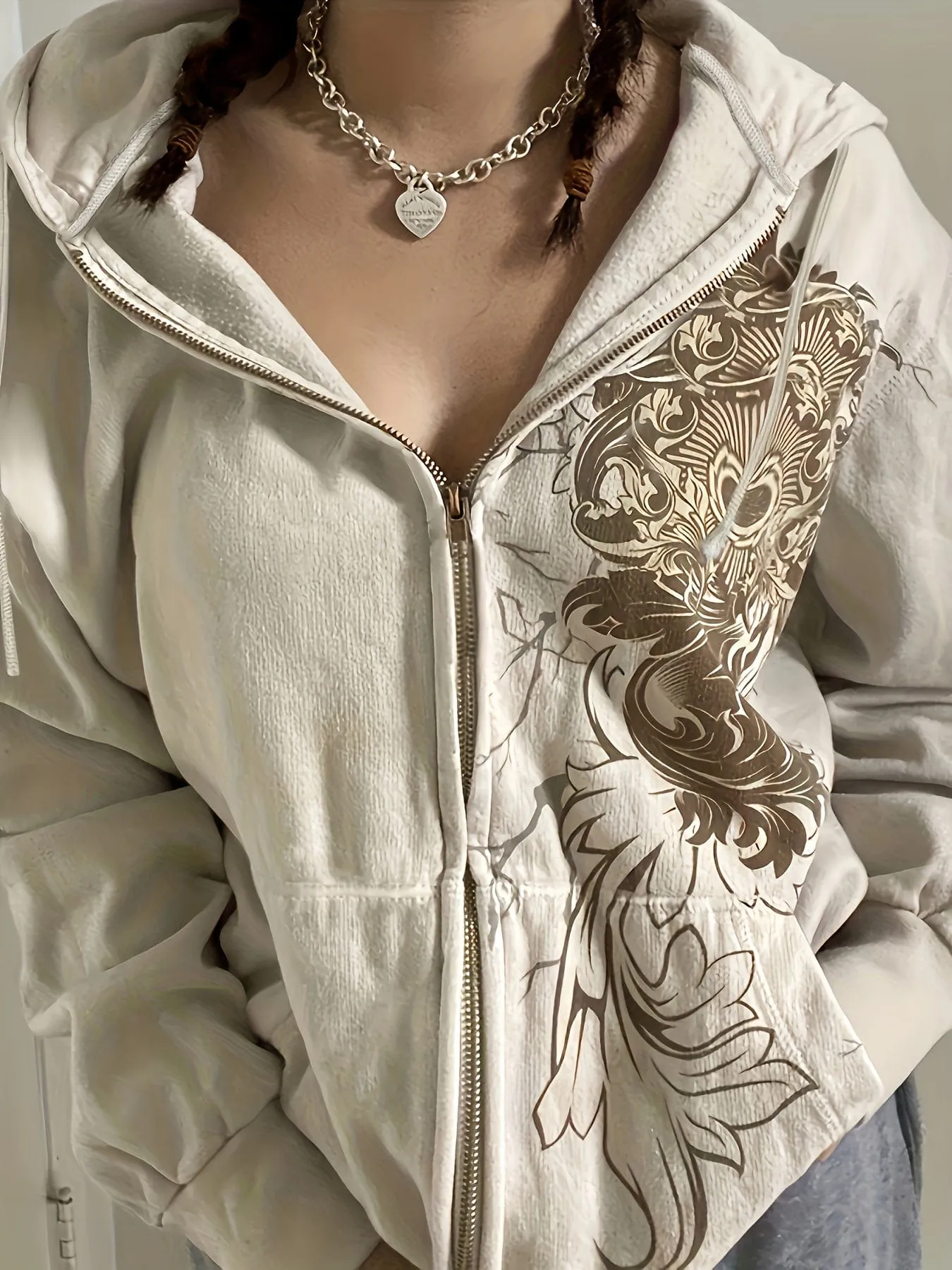 Beige and Brown Floral Zip-Up