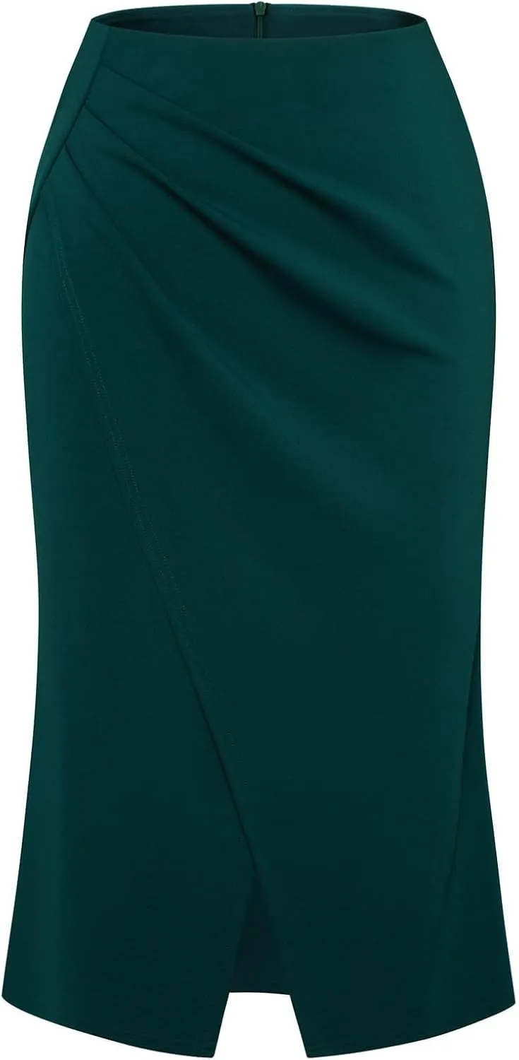 Belle Poque Women's Vintage Wrap Bodycon Pencil Skirts High Waist Knee Length Ruched Work Business Skirt with Slit