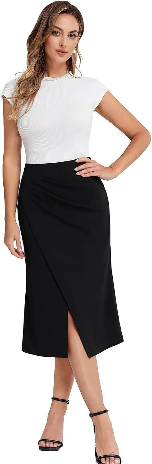 Belle Poque Women's Vintage Wrap Bodycon Pencil Skirts High Waist Knee Length Ruched Work Business Skirt with Slit