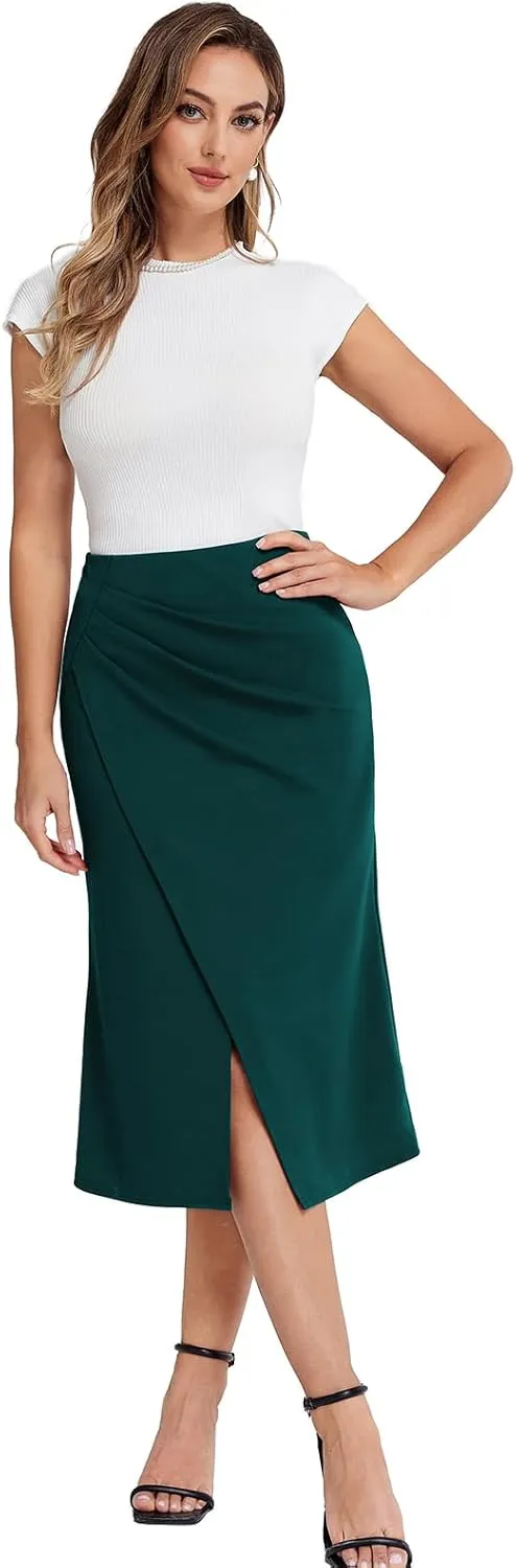 Belle Poque Women's Vintage Wrap Bodycon Pencil Skirts High Waist Knee Length Ruched Work Business Skirt with Slit