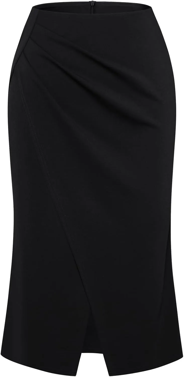 Belle Poque Women's Vintage Wrap Bodycon Pencil Skirts High Waist Knee Length Ruched Work Business Skirt with Slit
