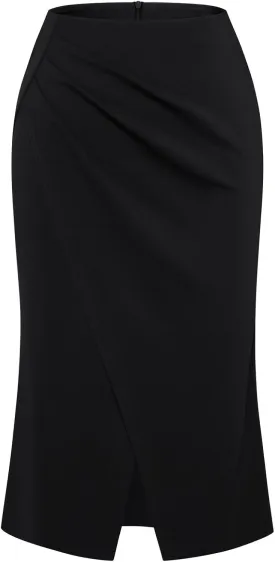 Belle Poque Women's Vintage Wrap Bodycon Pencil Skirts High Waist Knee Length Ruched Work Business Skirt with Slit