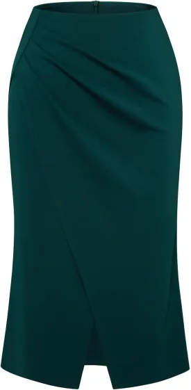 Belle Poque Women's Vintage Wrap Bodycon Pencil Skirts High Waist Knee Length Ruched Work Business Skirt with Slit