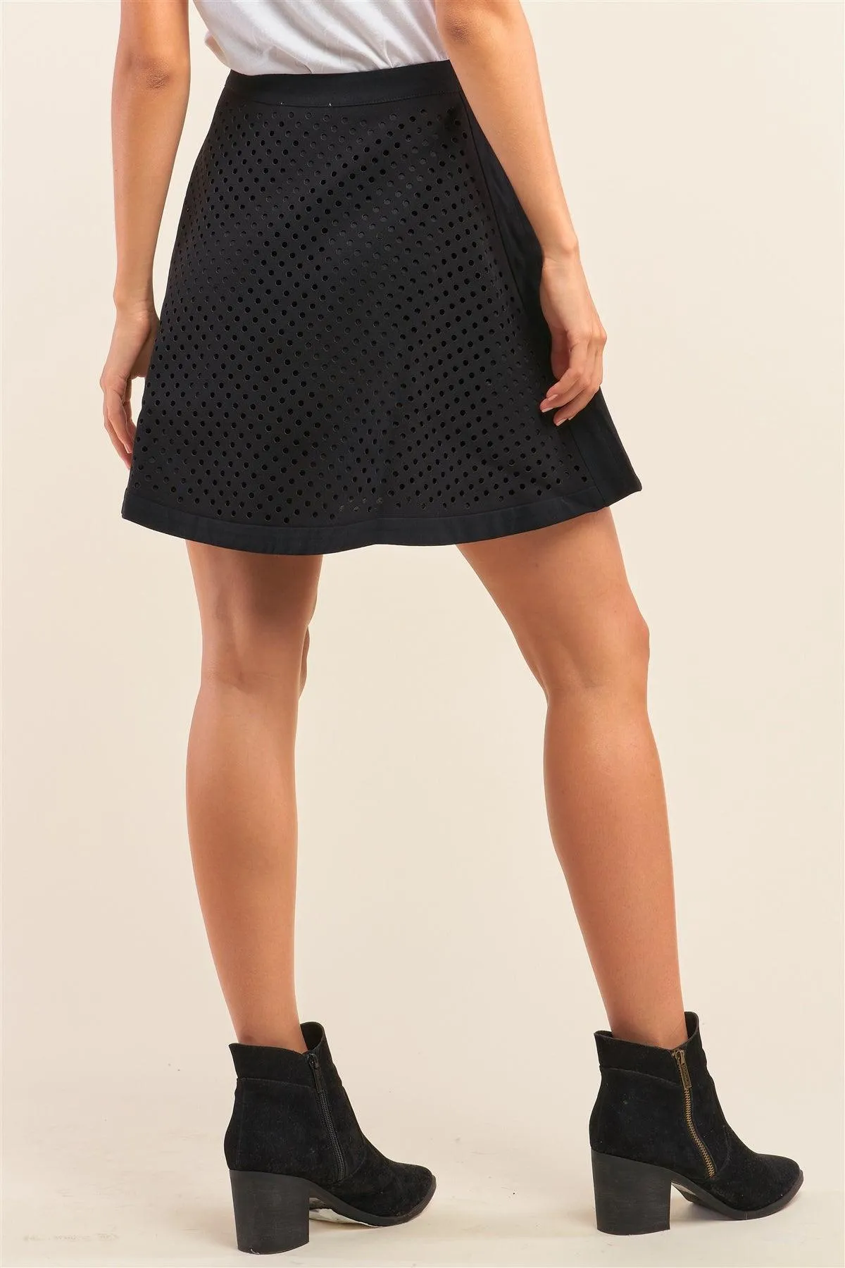 Black Laser Cut Scuba A-Line Skater Mini Skirt