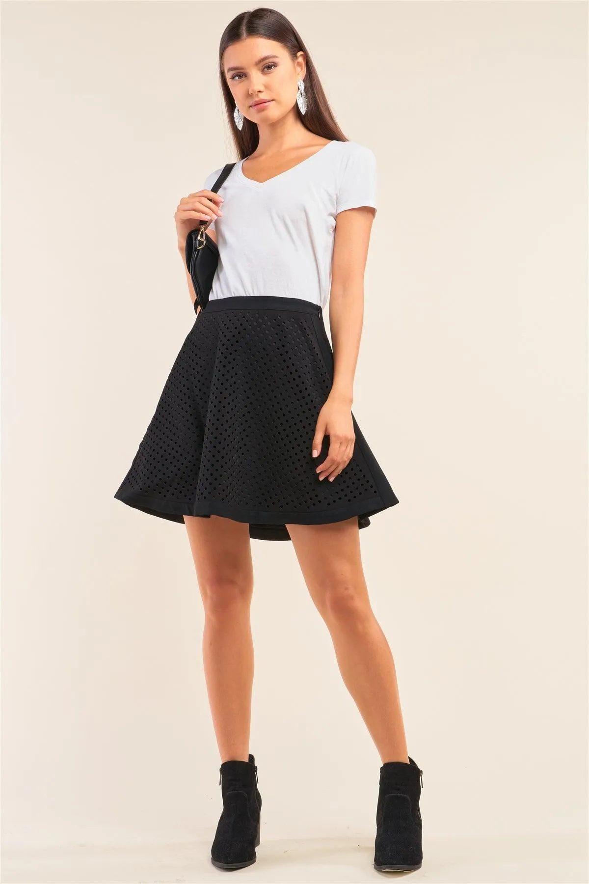 Black Laser Cut Scuba A-Line Skater Mini Skirt