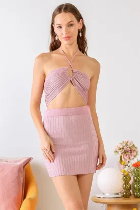 Blush Ribbed Strappy Crop Top & Mini Skirt Set