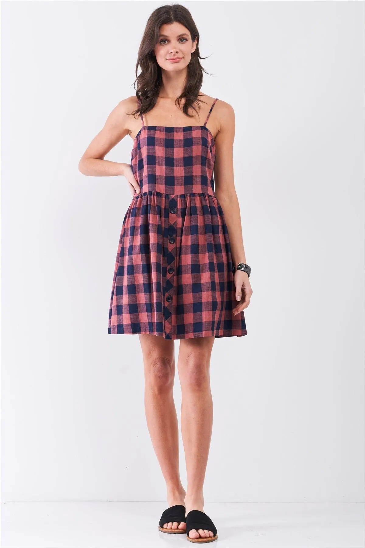 Buffalo Plaid Square Neck Button Down Mini Dress