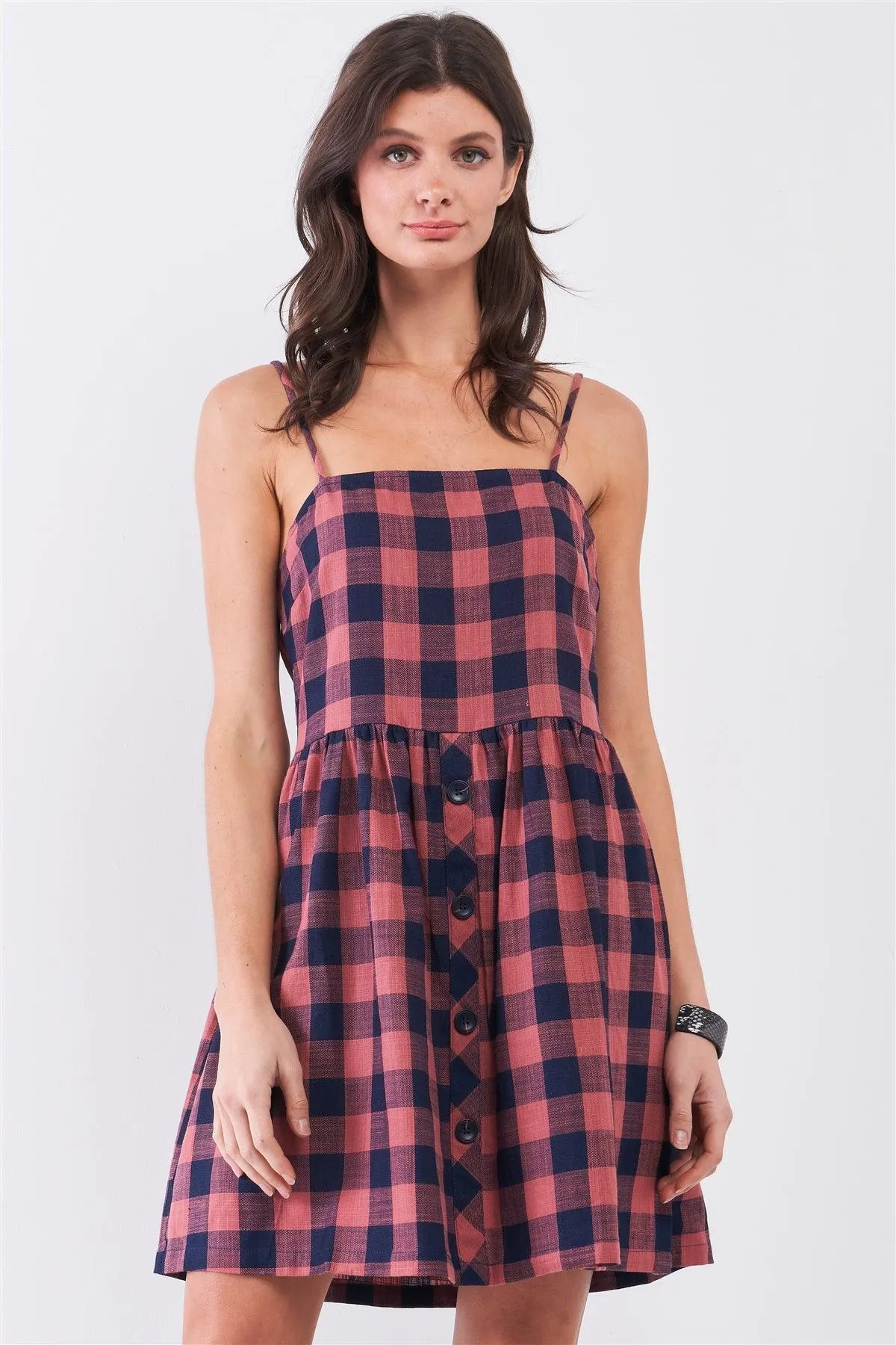 Buffalo Plaid Square Neck Button Down Mini Dress
