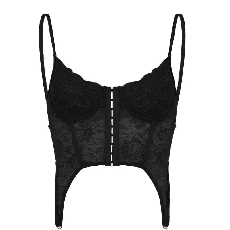 Button-through front lace see-through cami top