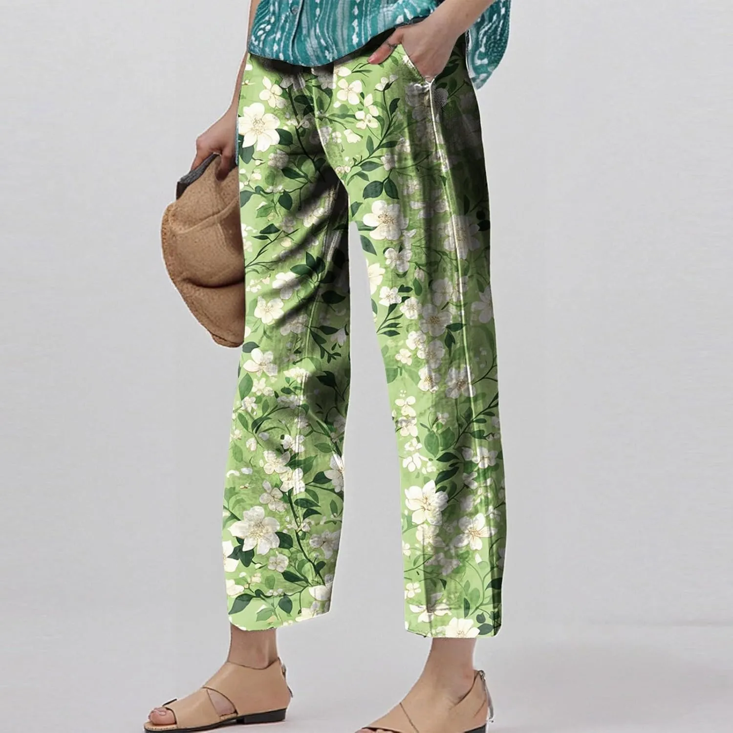 Capri Pants for Women Boho Floral Casual Linen Pants Elastic Waisted Drawstring Summer Beach Trouser with Pockets