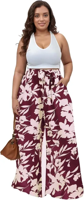 Casual Plus Size Wide Leg Palazzo Pants for Women Lounge High Waist Skirt Pants with Pockets Elastic Waistband