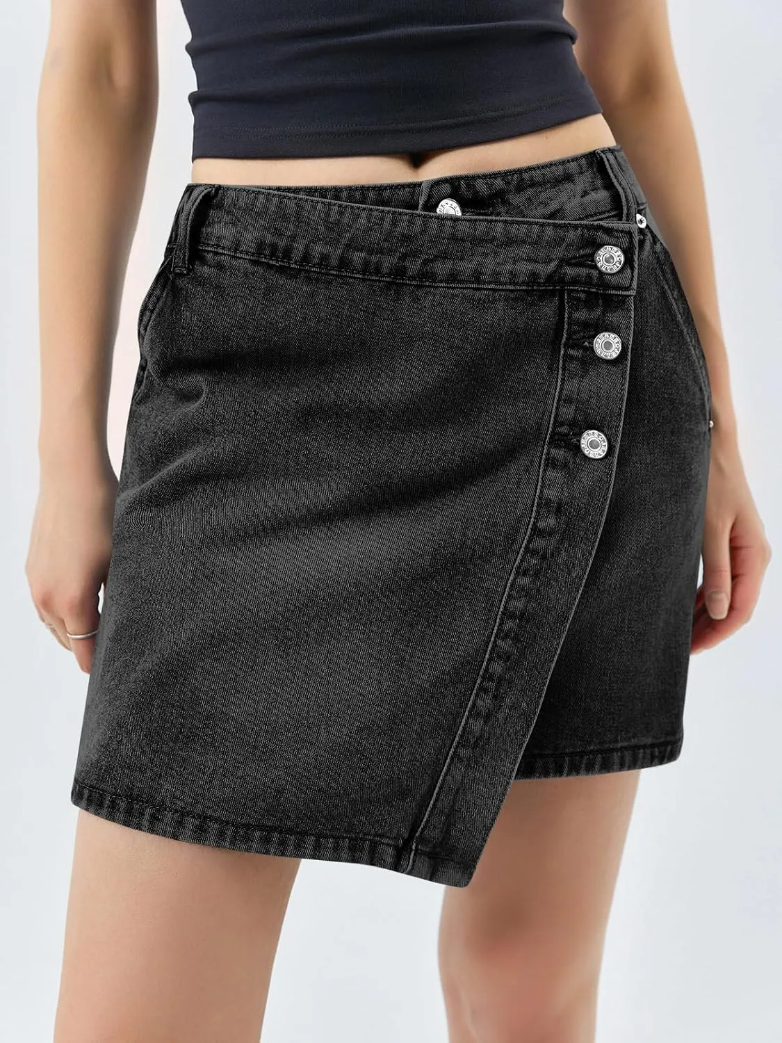 Cicy Bell Womens Denim Mini Skirt Casual Wrap Button Asymmetrical Hem Summer Jean Skirts