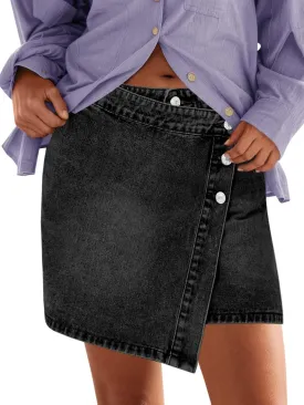 Cicy Bell Womens Denim Mini Skirt Casual Wrap Button Asymmetrical Hem Summer Jean Skirts