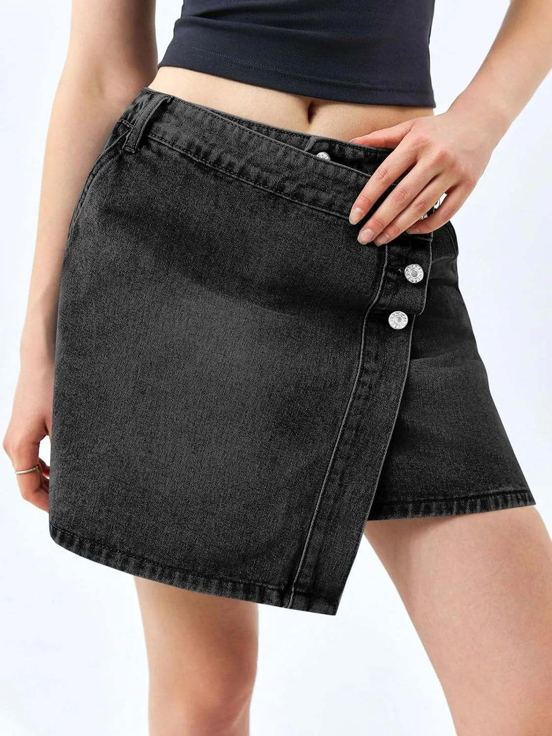 Cicy Bell Womens Denim Mini Skirt Casual Wrap Button Asymmetrical Hem Summer Jean Skirts