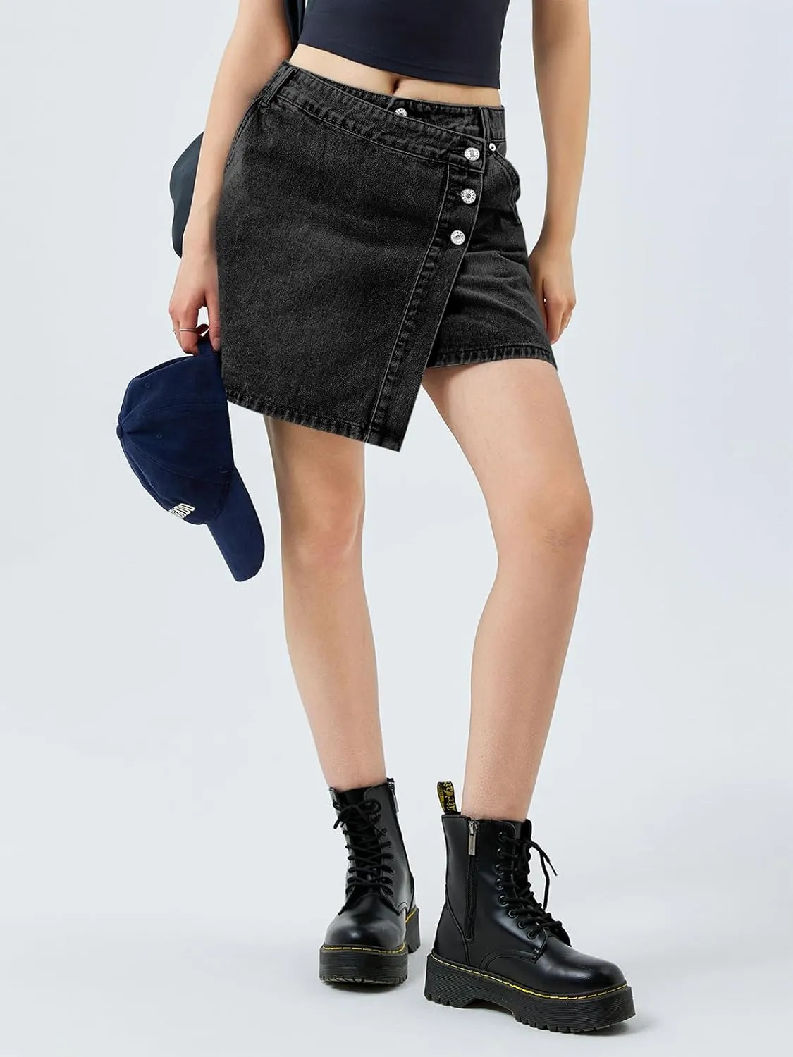 Cicy Bell Womens Denim Mini Skirt Casual Wrap Button Asymmetrical Hem Summer Jean Skirts