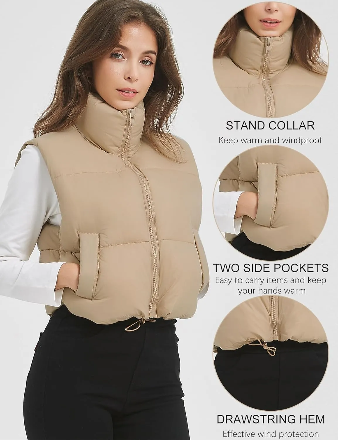 COZYPOIN Cropped Puffer Vest Womens Stand Collar Sleeveless Lightweight Padded Jacket Winter Warm Down Vests Jacket