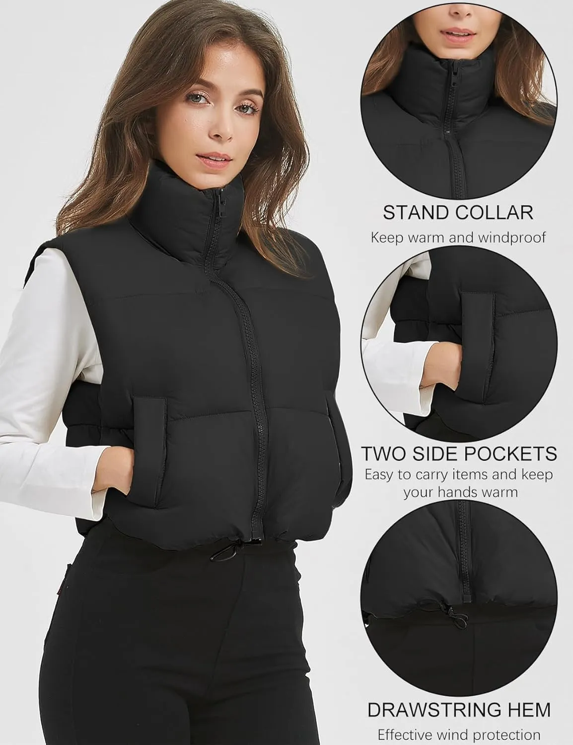 COZYPOIN Cropped Puffer Vest Womens Stand Collar Sleeveless Lightweight Padded Jacket Winter Warm Down Vests Jacket