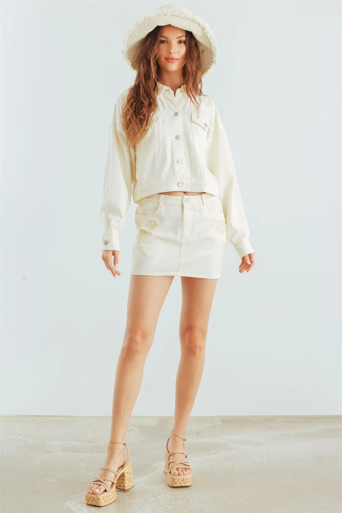 Cream Denim Cotton Collared Neck Button-Up Jacket & High Waist Mini Skirt Set /1-2-2-1