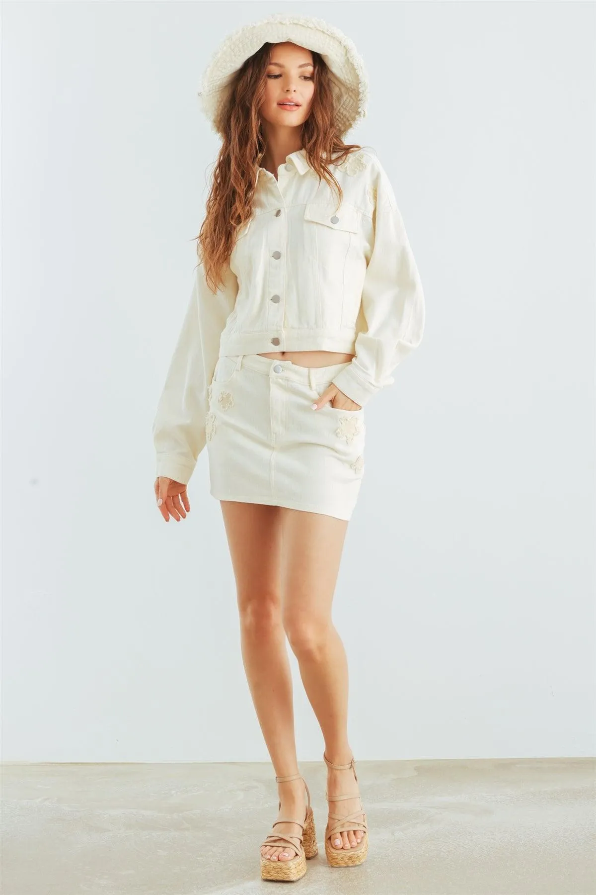 Cream Denim Cotton Collared Neck Button-Up Jacket & High Waist Mini Skirt Set /1-2-2-1