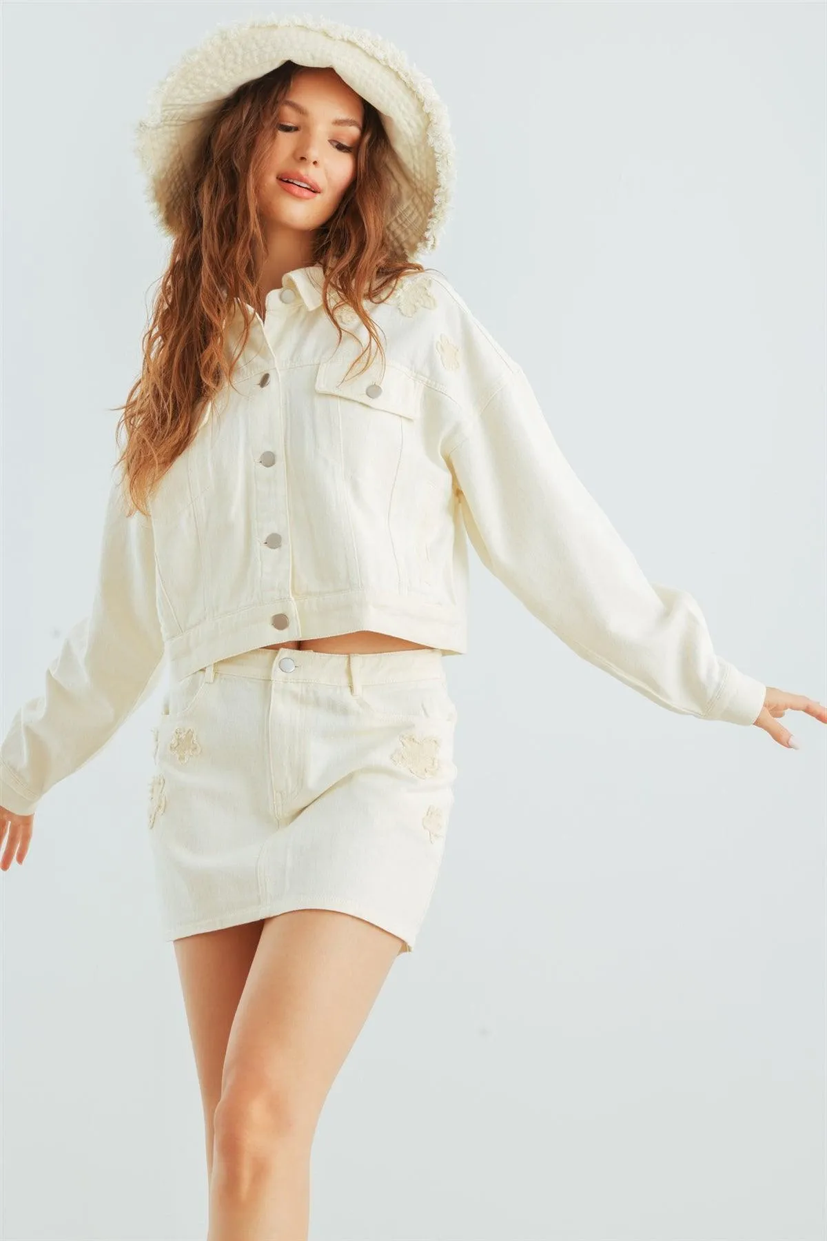 Cream Denim Cotton Collared Neck Button-Up Jacket & High Waist Mini Skirt Set /1-2-2-1