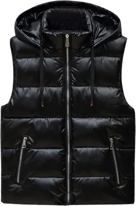 Dgoopd Puffer Vest Men Shiny Hooded Reflective Down Jacket Padded Jacket Vest Thick Quilted Puffer Coat Winter Warm Vest