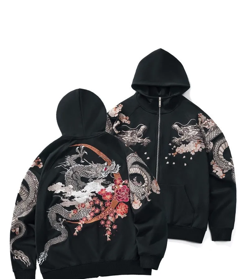 Dragon Embroidered Zip-Up Hoodie