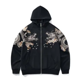 Dragon Embroidered Zip-Up Hoodie