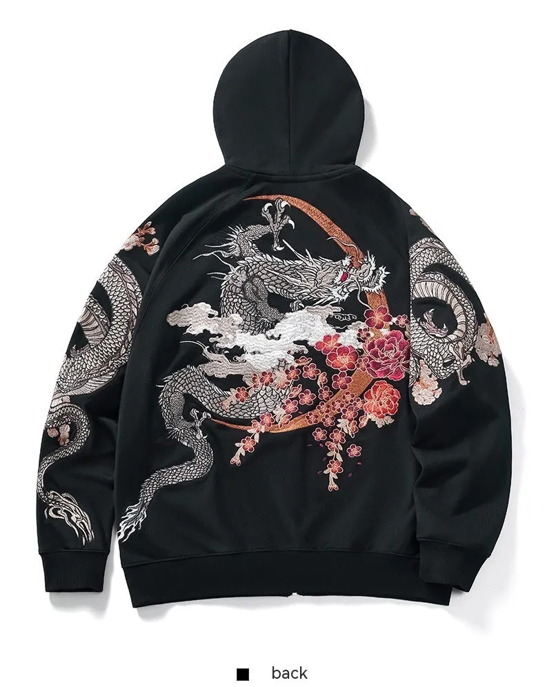 Dragon Embroidered Zip-Up Hoodie