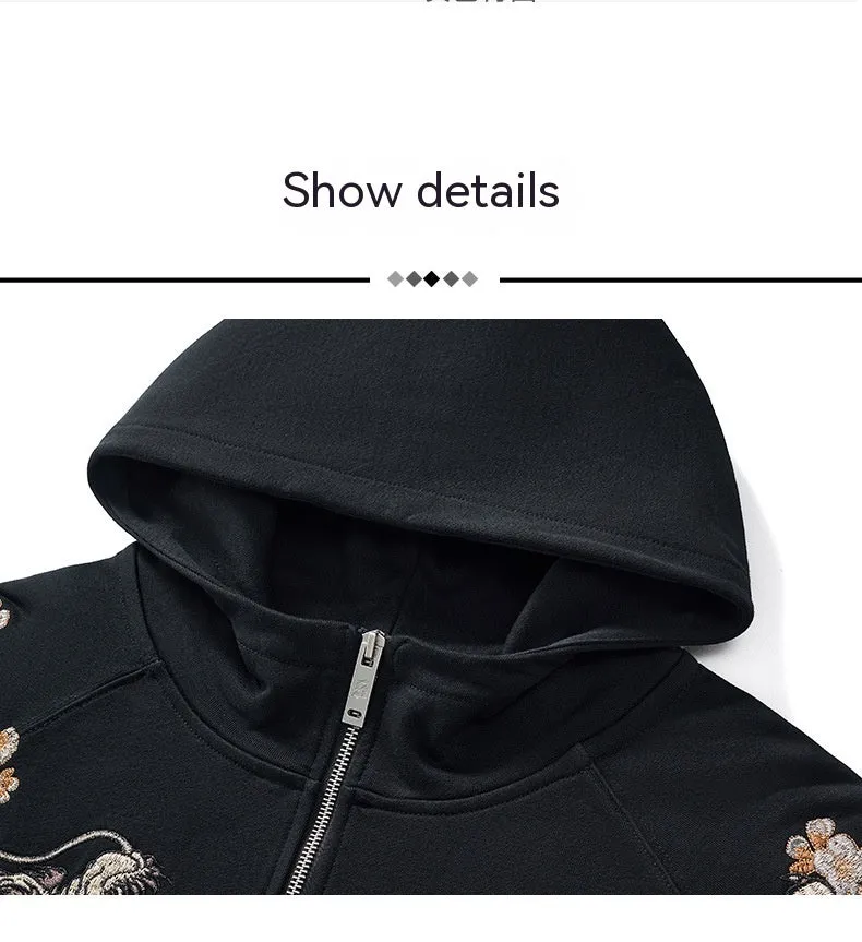 Dragon Embroidered Zip-Up Hoodie