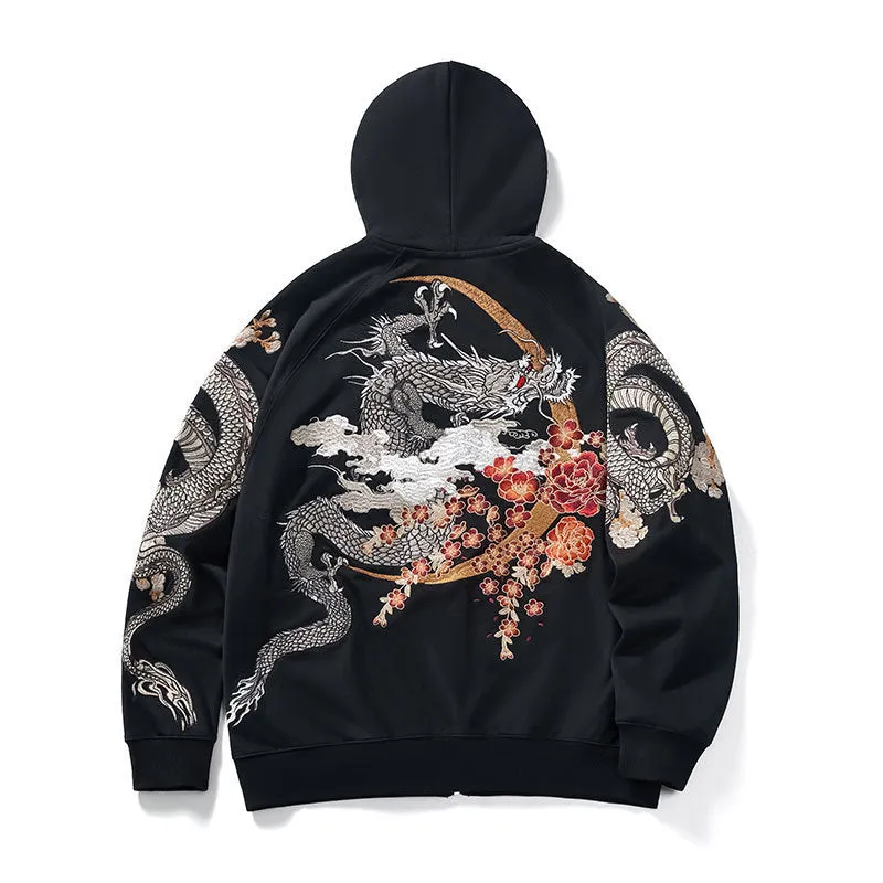 Dragon Embroidered Zip-Up Hoodie