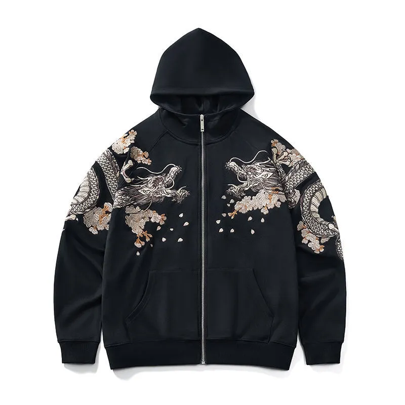 Dragon Embroidered Zip-Up Hoodie
