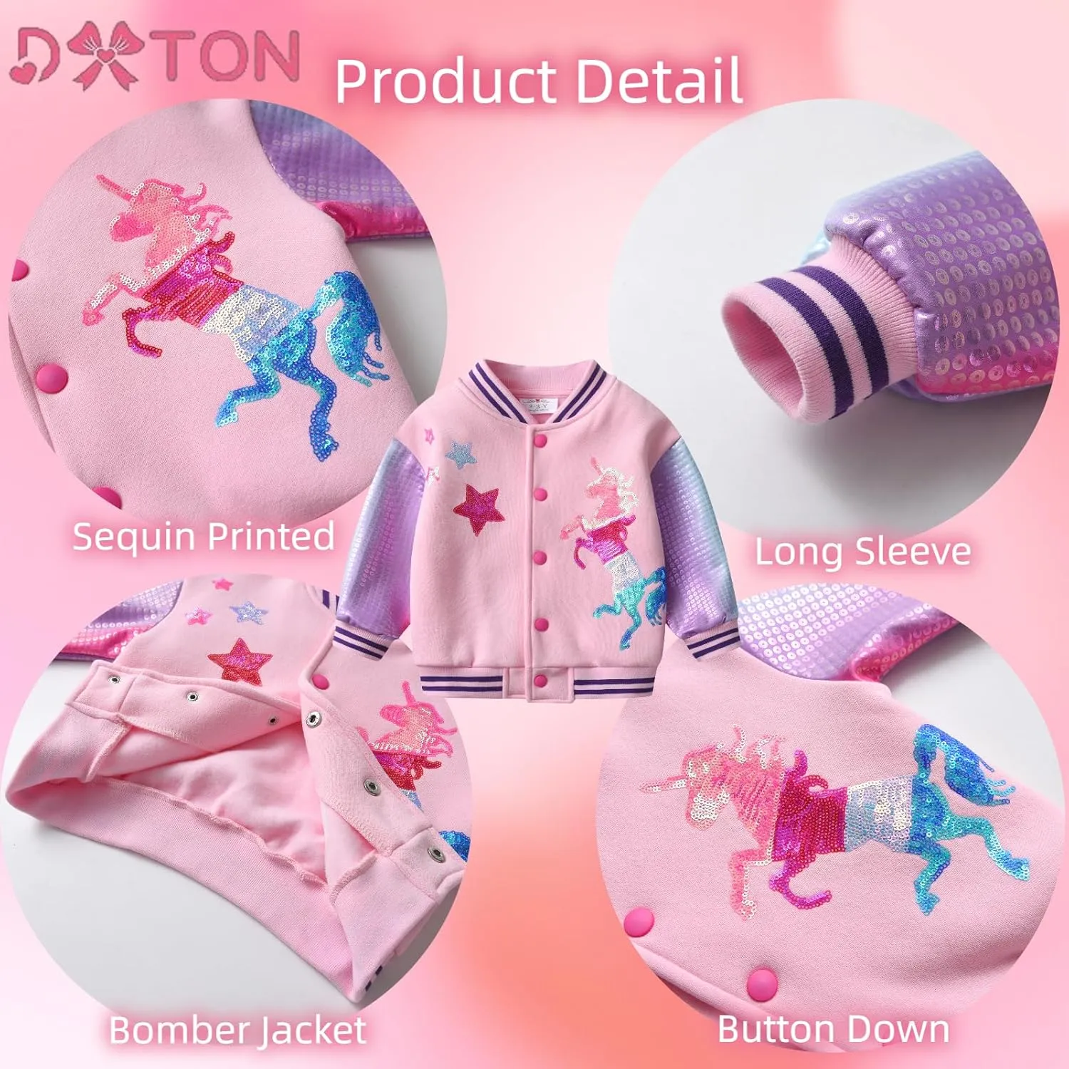 DXTON Girls Baseball Bomber Jacket Zip/Button Sweatshirt Fall Winter Outwear Coat for Kids Toddler 3-12 Years