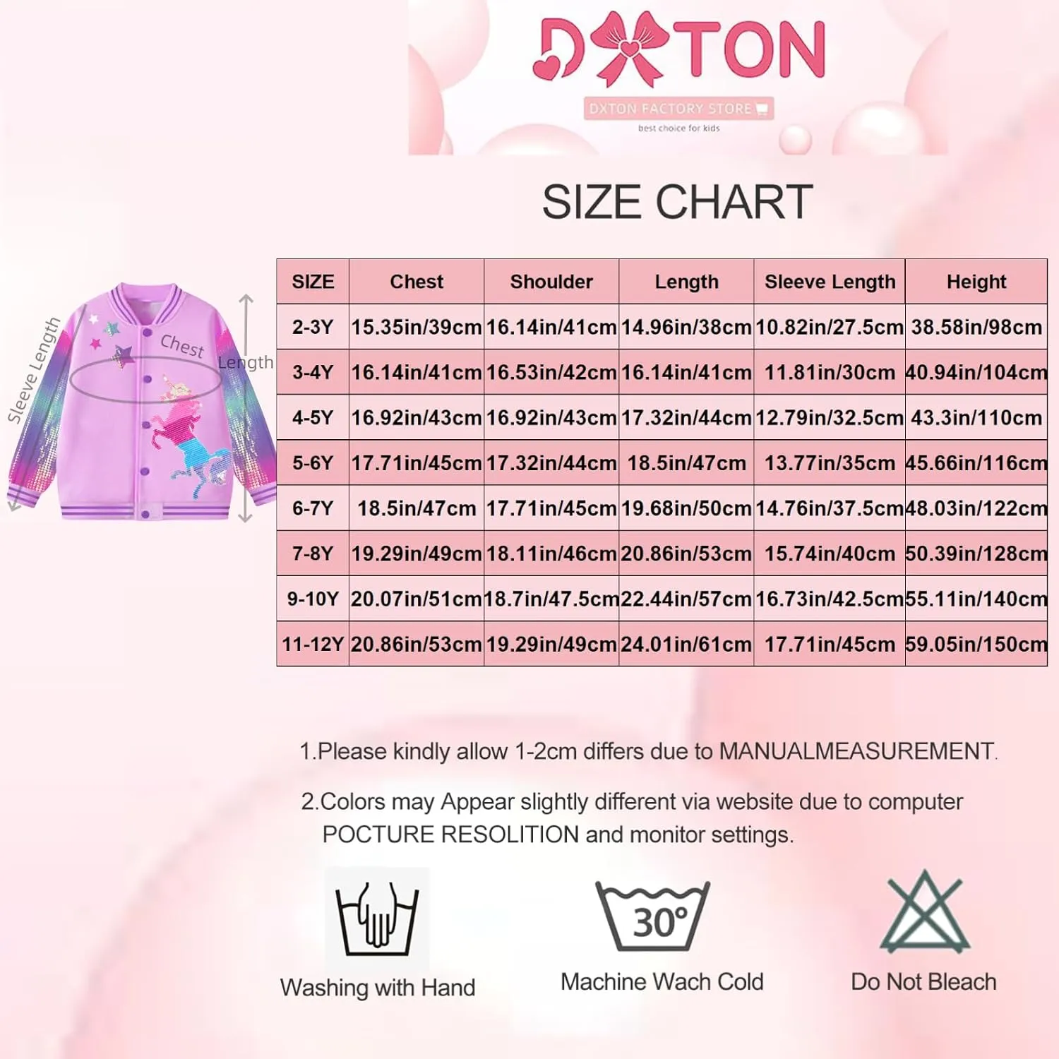 DXTON Girls Baseball Bomber Jacket Zip/Button Sweatshirt Fall Winter Outwear Coat for Kids Toddler 3-12 Years
