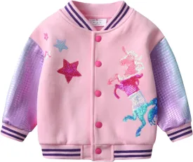 DXTON Girls Baseball Bomber Jacket Zip/Button Sweatshirt Fall Winter Outwear Coat for Kids Toddler 3-12 Years