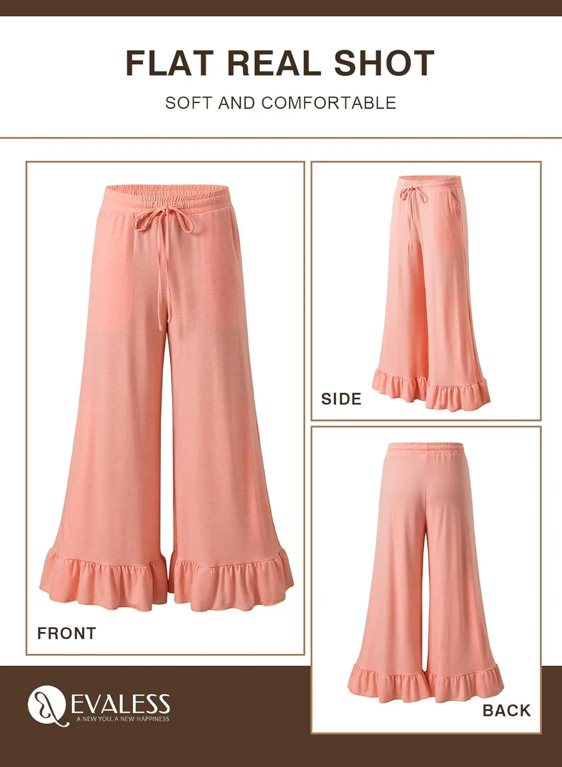 EVALESS Womens Wide Leg Pants Drawstring Elastic High Waisted Ruffle Hem Palazzo Pants with Pockets