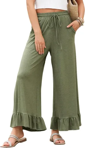 EVALESS Womens Wide Leg Pants Drawstring Elastic High Waisted Ruffle Hem Palazzo Pants with Pockets