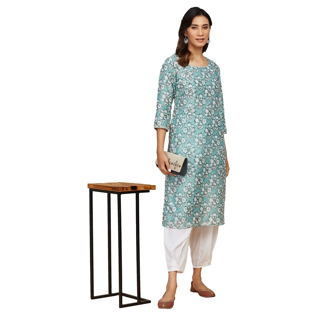 Fabindia Women's Cotton Silk Printed Slim Kurta (102917702_Aqua